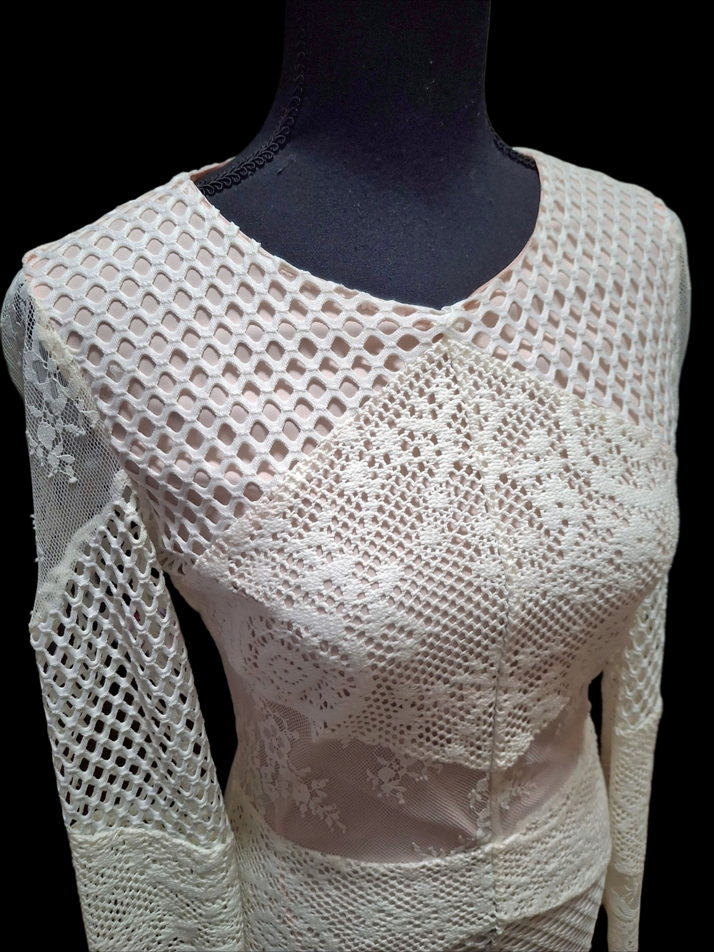 Gianni Bini Ivory Lace Crochet Long Sleeve Dress With Pink Satin Underneath